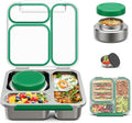 Stainless Steel Bento Box Kids Adult with 7oz Soup Thermo, Transparent Lid 3 Compartments Metal Bento Lunch Box with Insulated Food Jar,Lunch Box Container Sauce Cup for School,BPA-Free(Green)