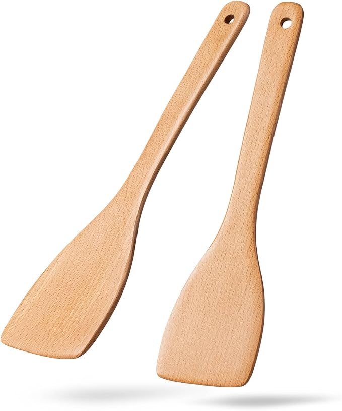 2pcs Wooden Spatulas for Cooking, 13inch Coated Beech Wood Turners for Frying, Non-Scratch Flat Spurtle for Pan & Wok, Cooking Utensils for Non Stick Cookware, Long Handle Scraper