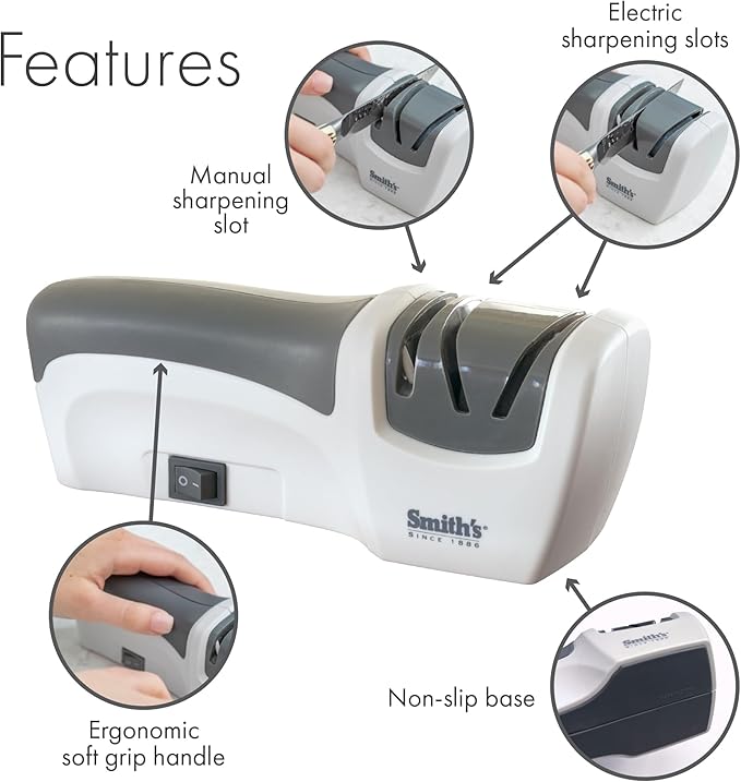 Smith’s 50097 Compact Electric Knife Sharpener | White & Grey | Kitchen Knife 2 Stage Sharpener | Electric & Manual | Blade Guide | Quick Sharpening & Polishing | Straight Edge Blades | Handheld