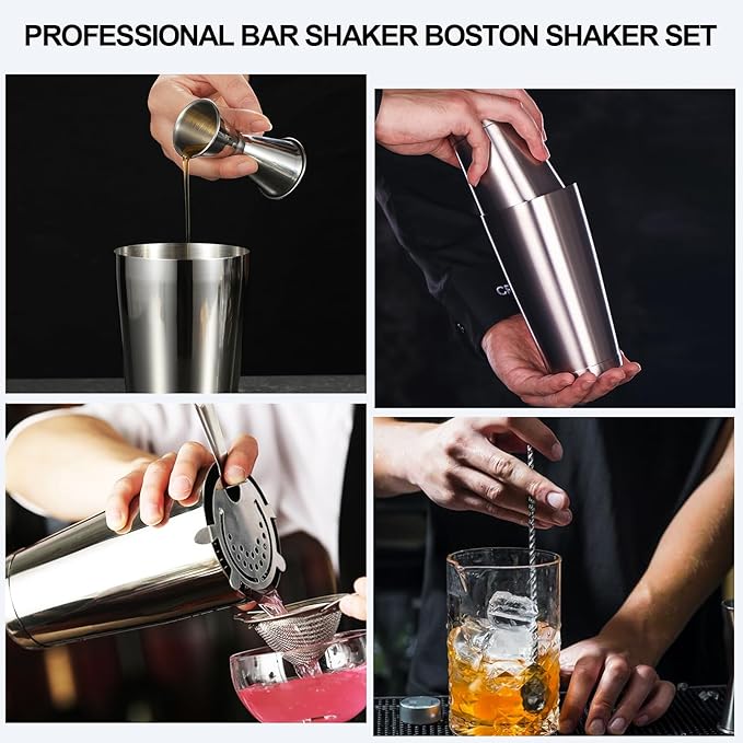 Cocktail Shaker Boston Shaker Set 15 Pcs Professional Bartender Kit Bar Shaker Stainless Steel Drink Shaker Bartending Martini Shaker Tin with 18oz&28oz Mixed Alcohol Shaker Tool for Beginner(Silver)