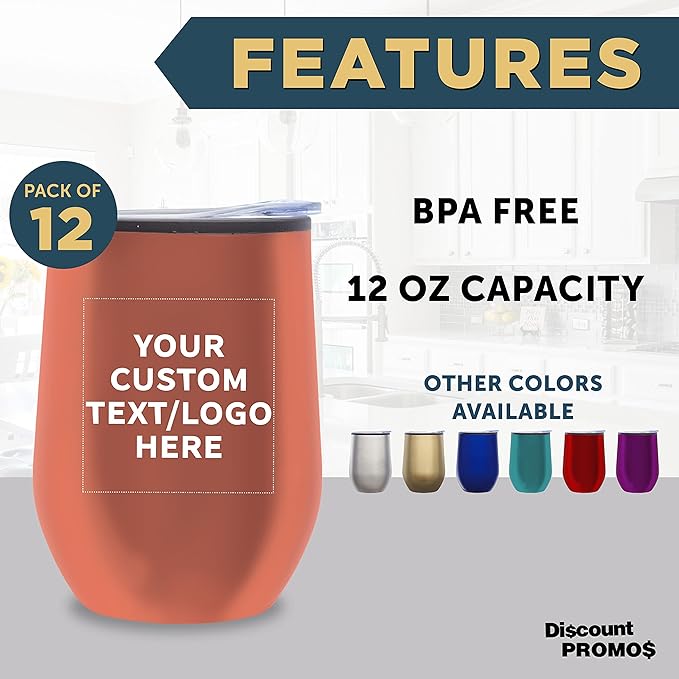 Custom Stemless Wine Tumblers 12 oz. Set of 12, Personalized Bulk Pack - Insulated, Perfect for Wine, Cocktails, Other Hot & Cold Beverages - Rose Gold