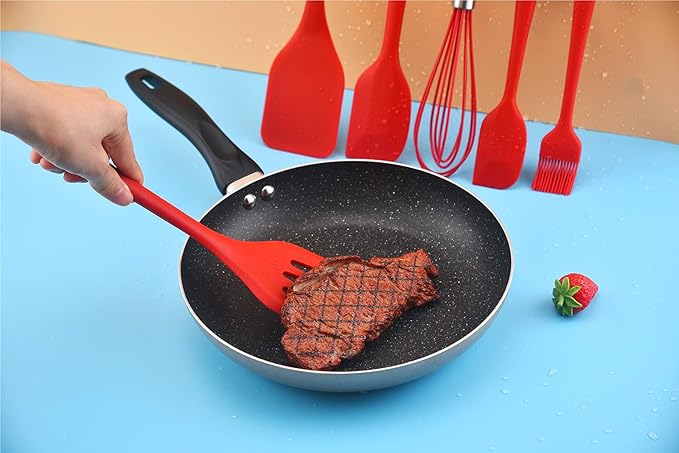 Gullor Silicone Kitchen Utensils Baking Tool Set, Cooking Spoon, Spatula, Whisk, Brush, Scraper, 6 Pieces in Set, Red