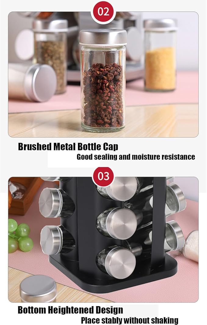 Spice rack-Revolving Spice Rack Set, Kitchen Spice Tower Organizer for Countertop or Cabinet -Desktop Rotating Seasoning Organizer(Stainless Steel) (Black, SquareHead_20Jars)