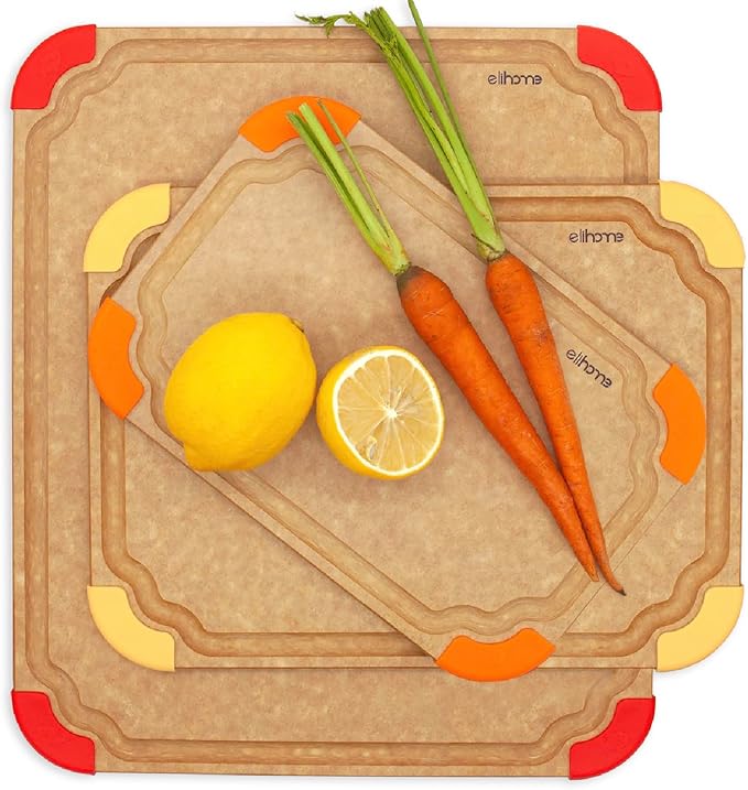 Elihome Premium Series 3-in-1 Kitchen Cutting Board Set, Non Slip Feet, Color Coded with Food Icon, Natural Wood Fiber, Dishwasher Safe, Eco-Friendly, Juice Grooves,Non Porous, BPA Free, Made in USA