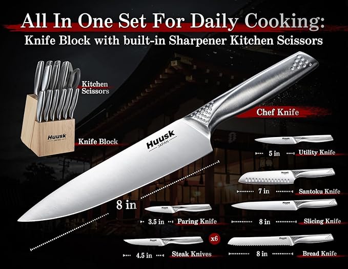 Huusk Knife Set with Block and Sharpener, 14 Pcs Japanese Stainless Steel Kitchen Knife Sets Dishwasher Safe, Sharp Silver Professional Knives Set with Box for Kitchen, Christmas Gifts for Men Women