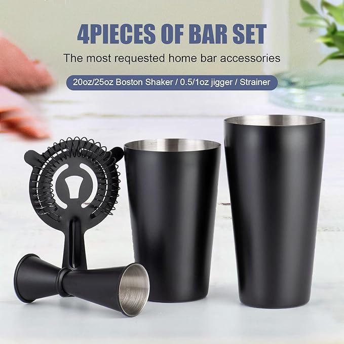 Cocktail Shaker Set 4-Piece Boston Shaker Kit with 20oz/25oz Shaker,Strainerand 0.5/1oz Double JiggerBar Set for Home Drink Mixer Bartendiing (Matte Black, 20oz/25oz)
