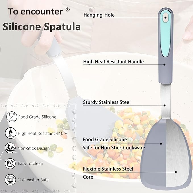 To encounter 3 Pieces Silicone Spatula Set, Heat Resistant Flexible Turner Spatulas, Nonstick Cookie Spatula, Fish Spatula, Dishwasher Safe, Light Grey