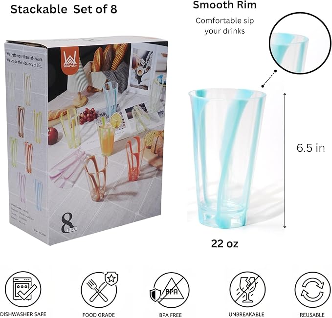 22 oz Plastic Drinking Glasses, Parties Tall Tumblers, Premium Quality Durable BPA-Free Water Tumblers, Dishwasher-Safe, Stackable Cups (Set of 8, Gift Box)