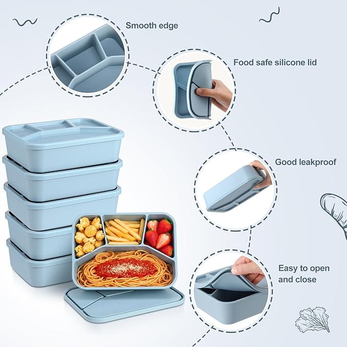 Honeydak 6 Pcs Silicone Bento Box Reusable Lunch Container 4 Compartment Snack Boxes with Lid Smooth LeakProof Rectangle Food Boxes for Adult Work Travel Food Storage (Blue)
