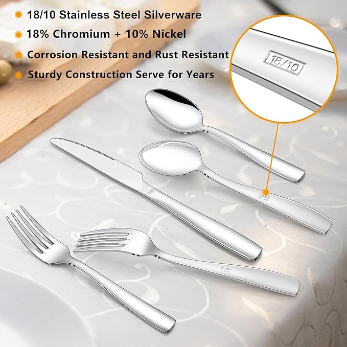 LIANYU 24-Piece 18/10 Silverware Set with Steak Knives and Drawer Organizer, Stainless Steel Flatware Set Service for 4, Cutlery Eating Utensils for Home Kitchen Entertaining, Mirror Polished