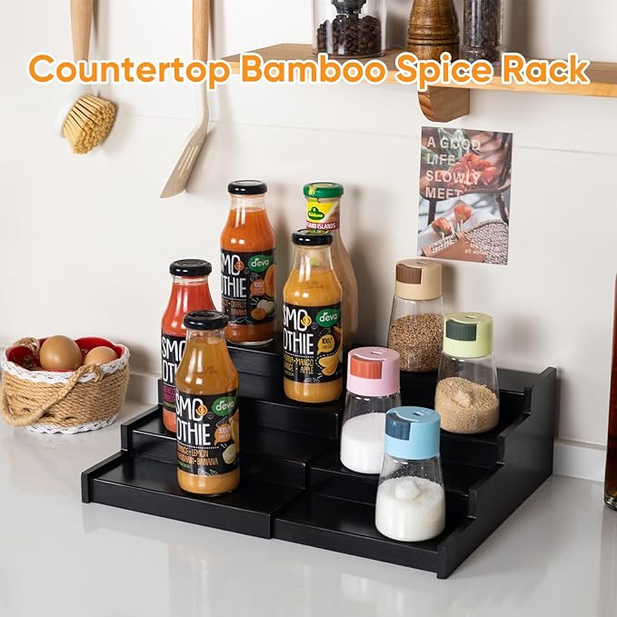 Spice Rack Kitchen Cabinet Organizer: 4 Tier Bamboo Expandable Spice Storage Display,Spice Shelves Adjustable Seasoning Organizer (Black)