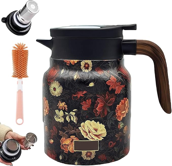 Vintage Floral Pattern Teapot – Built-In Infuser, 800ML/1000ML Heatproof Stainless Steel Teapot with Lid for Hot Drinks (Red, 800ml-Wooden handle)