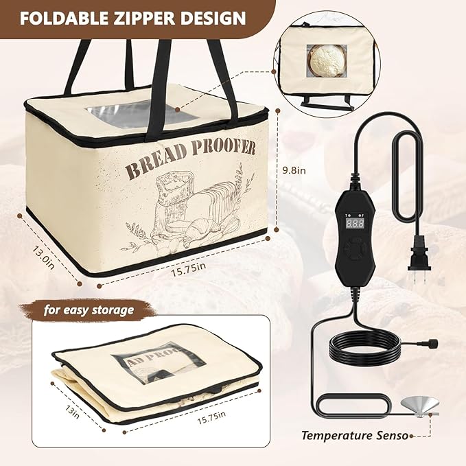 Folding Dough Proofer Box for Bread Proofing Box Dough Proofer Sourdough Bread with 50-113℉ Temperature and 12H Timer Controller