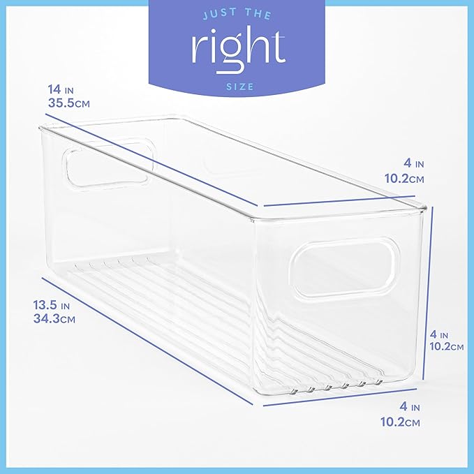 primebox Plastic Food Storage 4 Pack Clear Container Bin with Handles for Organizing Kitchen, Pantry, Refrigerator, Freezer, Pantry, Cabinet, Closet, Bathroom. 14”x4”x4”