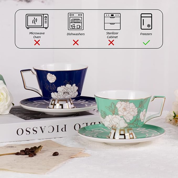 KAMMAK Ceramic Coffee Cups Saucers Set of 2, Porcelain Espresso Cups with Saucers, 8.12 oz Handcrafted Elegant Bone China Tea Cups, Peony Flower Pattern Teacup for Party, Office, Women Gift