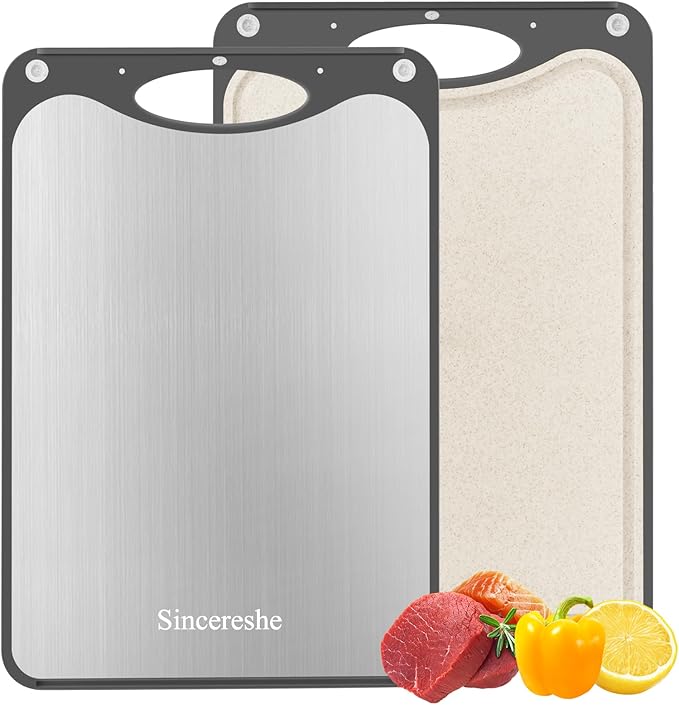 Highly Rated Double Sided Titanium Cutting Board - 15x10 Inch Non-Slip Kitchen Chopping Board with Juice Groove, Wheat Straw Side & Garlic Grater, Dishwasher Safe, Knife-Friendly