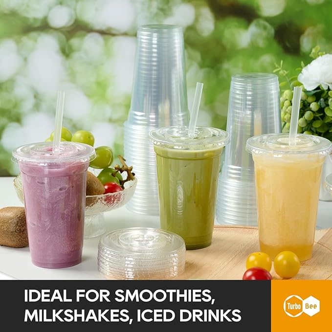 Turbo Bee 200 Sets 12 OZ Clear Plastic Cups with Lids and Straws, Disposable To Go Iced coffee cups with lids for Cold Drinks, Smoothie, and Slushie