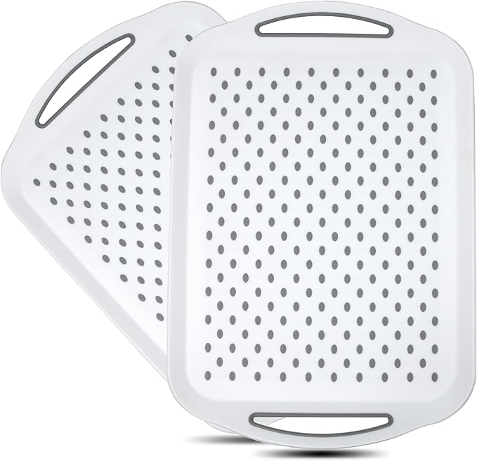 Large Nonslip Serving Tray with Handles, Silicone Grippy Dots Lap Food Trays for Eating, Dishwasher Safe Serve for Breakfast Dinner Snack Fruit Appetizers Beverage, Rectangular, Set of 2, White