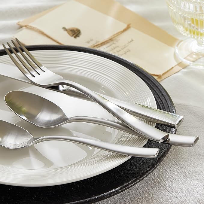 HIKAA 45-Piece Silverware Set with Serving Utensils, Heavy Duty Stainless Steel Flatware Set for 8 with Serving Utensils, Matte Satin Cutlery Set Dishwasher Safe