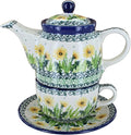 Blue Rose Polish Pottery - Yellow Dandelion Tea for One - 2 Cup Capacity - Decorative Teapot with Matching Cup, Unique Gift for Tea Lovers and Collectors