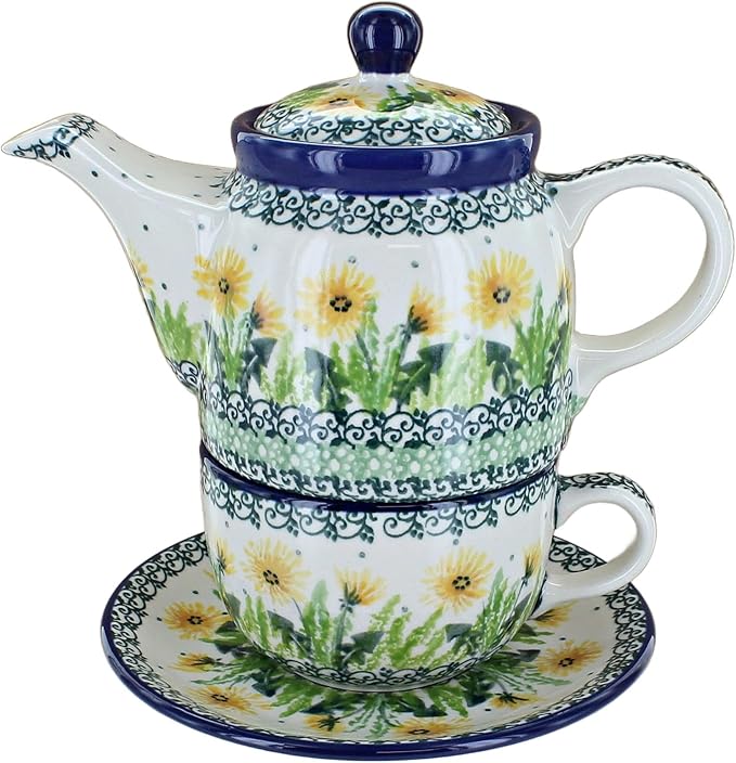 Blue Rose Polish Pottery - Yellow Dandelion Tea for One - 2 Cup Capacity - Decorative Teapot with Matching Cup, Unique Gift for Tea Lovers and Collectors