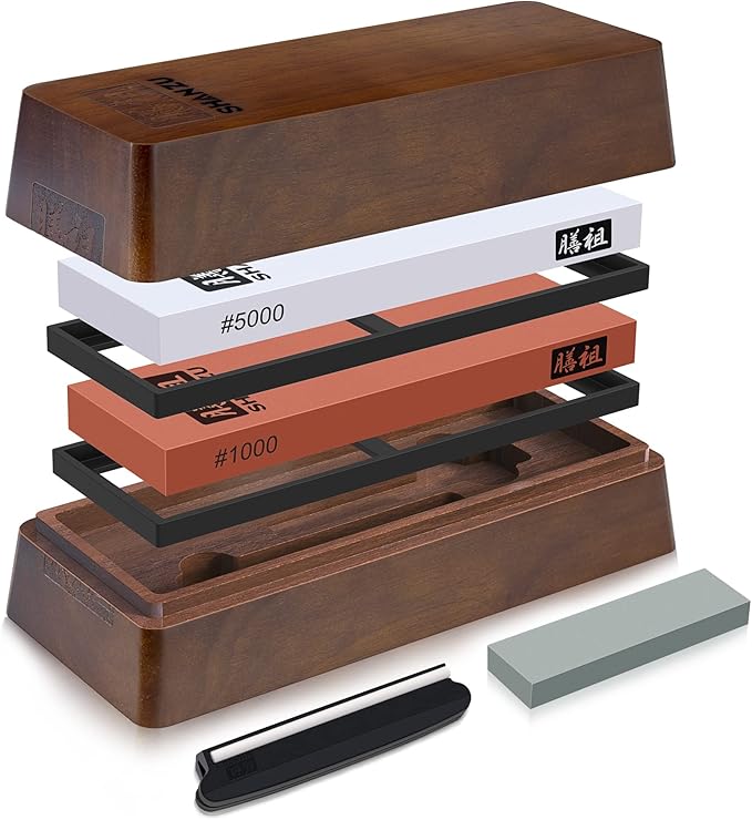 SHAN ZU 2 Pcs Knife Sharpener Stone Set with Storage Box Whetstone Grit 1000/5000 Knife Sharpening Stone with Non-Slip Silicone Base and Angle Guide Whetstone Knife Sharpening Kit for Kitchen Knives