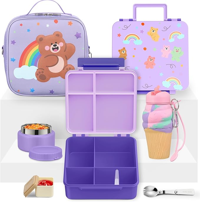 Lunch Box Kids with 5 Compartments, Insulated Food Jar & Utensil & Sauce Container & Lunch Bag & Silicone Collapsible Cup, Leak Proof Bento Box, BPA-Free & Dishwasher Safe-Deep Purple