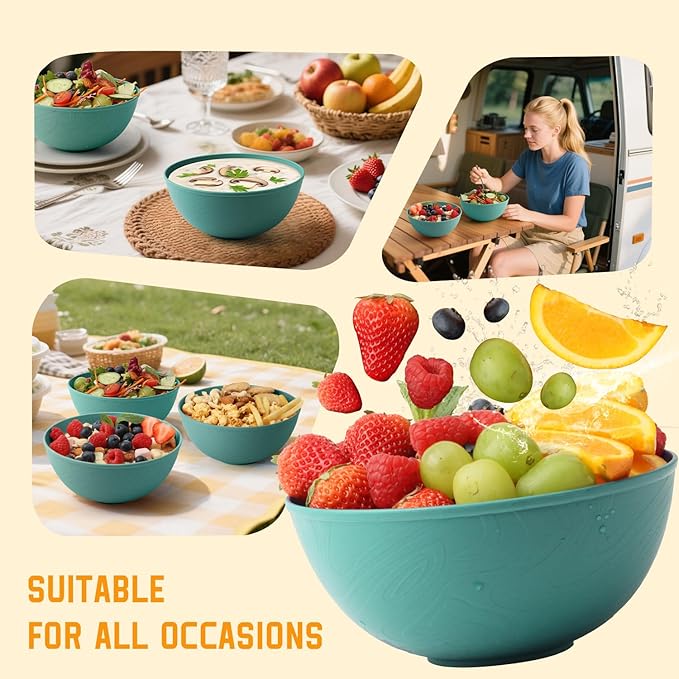Homienly Wheat Starw Bowls, Bowl Set, Large Cereal Bowls, Serving Bowl Set of 6, Microwave and Dishwasher Safe, 40 OZ, Large Bowls for Salad, Soup, Ramen, Fruit,Dinner, Reusable, Stackable - Green