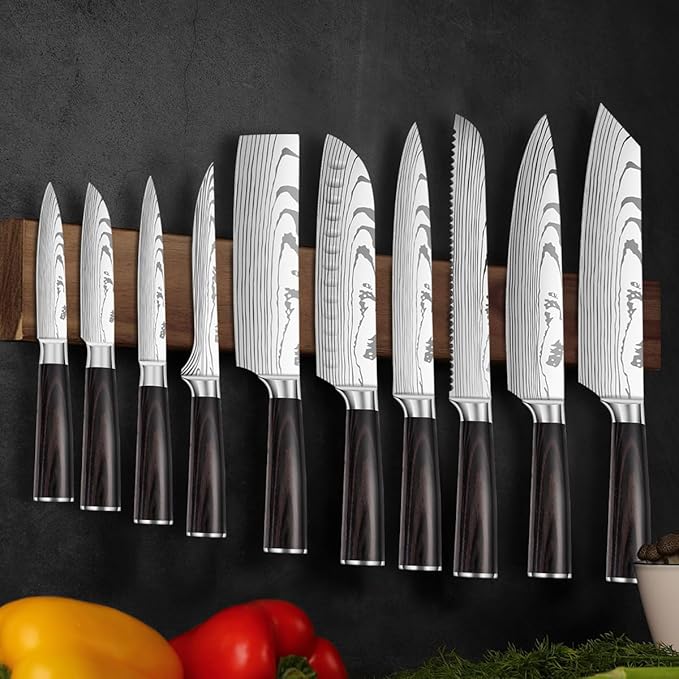 10-Piece Premium Japanese Kitchen Knife Set - Imperial Collection, Laser Damascus Pattern, 440A Stainless Steel Ultra Sharp for Fast Cutting (Redwood 10J)