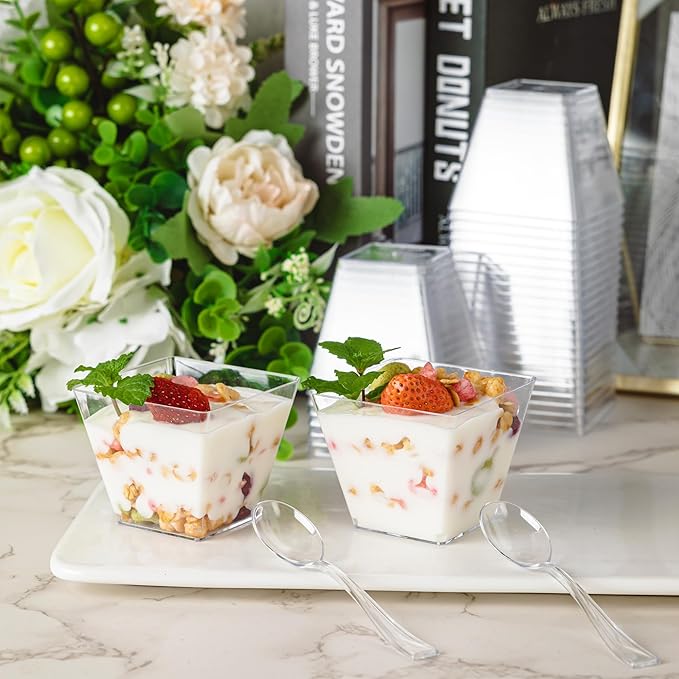 100 Pack 4 oz Mini Dessert Cups with Spoons and Lids, Clear Square Dessert Bowls Small Plastic Parfait Cups Appetizer Cups for Wedding Party