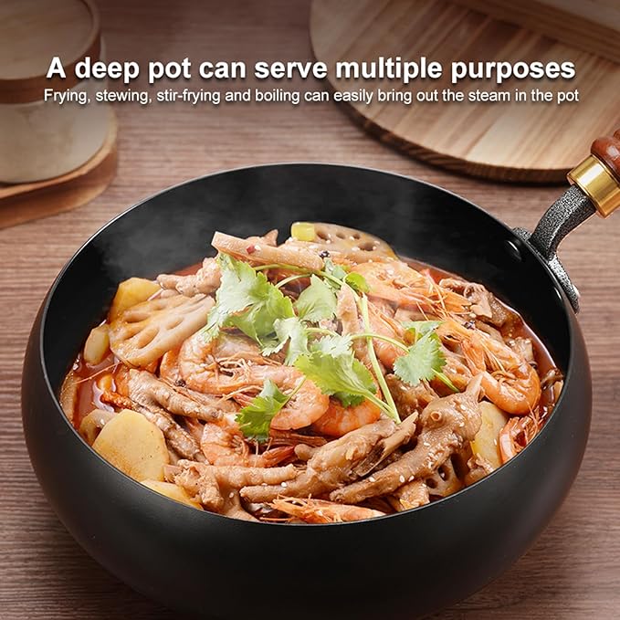 Carbon Steel Wok Pan, 11″ Woks & Stir-Fry Pans with wooden Lid Cookwares, Nonstick Wok Flat Bottom Small Handmade Chinese Wok For for All Stoves