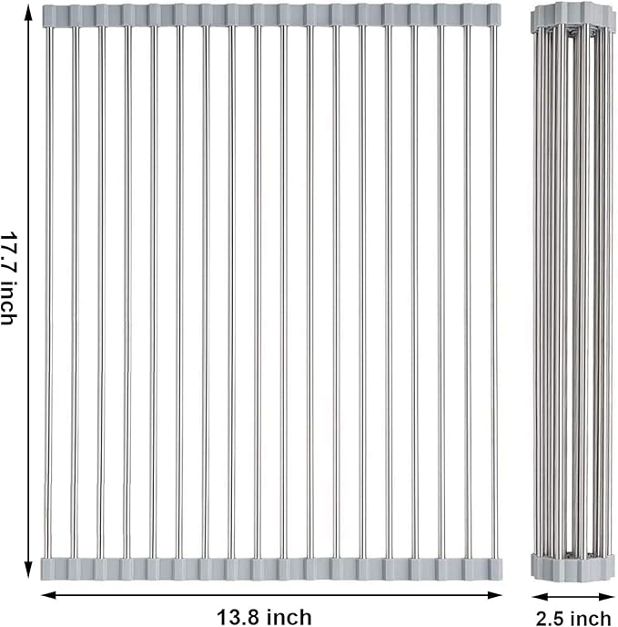Searik Dish Drying Rack Roll Up Sink Drying Rack, Over The Sink Dish Rack Multi-Use Stainless Steel Dish Drainers Heat Resistant Mat for Drying Draining Trivet (17.7"x13.8")