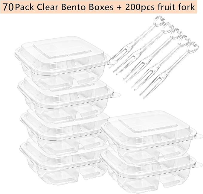 70 Pack Clear Bento Boxes 4 Compartment, Reusable Lunch Snack Containers with Lid, Food Storage Meal Prep Divided Containers with 200 pcs Fork for Camping, Lunch, Work, Travel