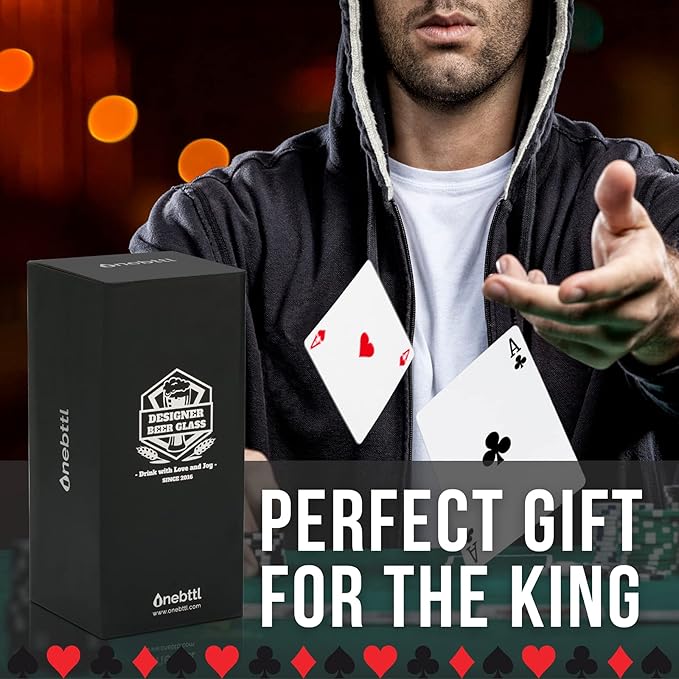 Poker Gifts for Men, Unique Gift for Poker Players and Lovers, Beer Print Glass 15 oz (443 ml) for Birthday, Christmas - Box and Card Included