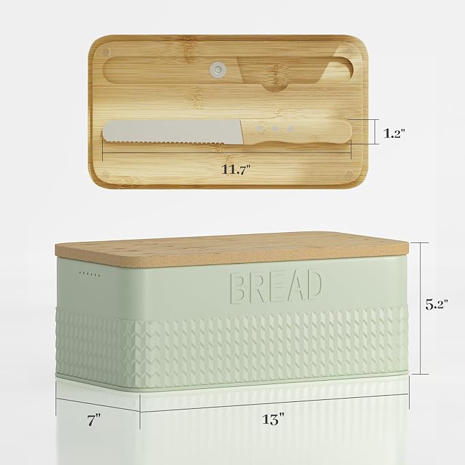 Bread Box for Kitchen Countertop - Metal Bread Storage with Bamboo Cutting Board Lid & Bread Knife, Corner Bread Container for Homemade Bread and Toast, Green