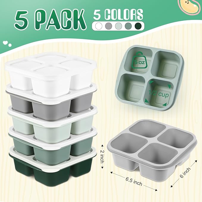 Honeydak 5 Pack Snack Containers 4 Compartment Bento Snack Boxes Reusable Lunchable Containers with Lids Divided Meal Prep Lunch Food Storage Box for School Work Travel(Sage,Equal)