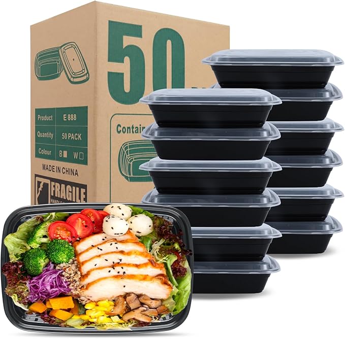 50 Pack (100-Piece) Meal Prep Containers Reusable 32oz,Plastic Food Storage Containers with Lids,Take Out Boxes,BPA-Free, Leakproof, Microwave, Dishwasher,Freezer Safe For To Go