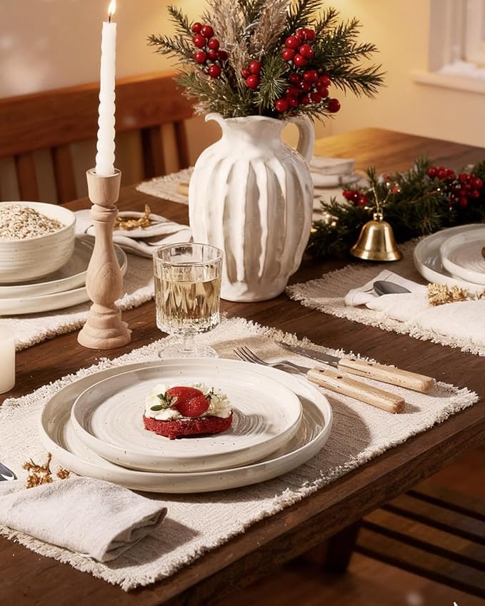 Plates and Bowls Sets for 6, Famiware Premium 18-Piece Stoneware Dinnerware Set, Spiral Flared Dish Set with Speckles & Reactive Glaze - Microwave & Dishwasher Safe Tableware, Shell Beige