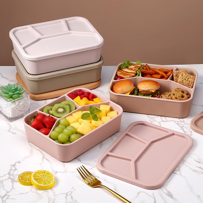 Honeydak 4 Pcs Silicone Bento Box Reusable Lunch Container 4 Compartment Snack Boxes with Lid Smooth LeakProof Rectangle Food Boxes for Adult Work Travel Food Storage (Gentle Color)