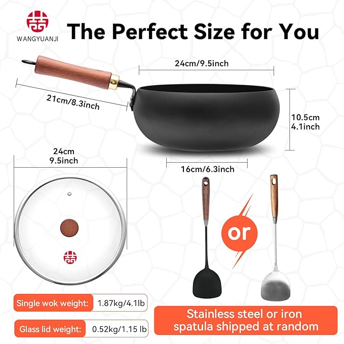 WANGYUANJI Wrought Iron Flat Bottom Wok with Glass Lid – Detachable Wooden Handle, Non-Coated Naturally Nonstick Frying Pan for Gas, Electric & Induction Stoves (Black Deep-Bowl Wok, 9.5 inch)