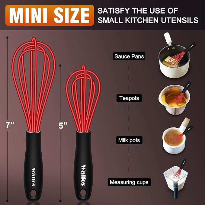Walfos Mini Whisk Red Small whisk-Non Scatch Rubber Coated Whisks,Mini silicone whisk 5&7 inch Tiny Wisk,Nice for mixing and stirring small batches of powder and sauce in small bowl containers.2pcs