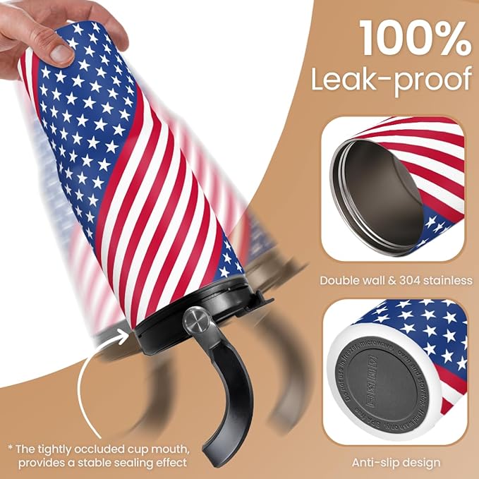 SANDJEST American Flag Tumbler with Handle 30oz, Stainless Steel Insulated Flip Straw Tumblers Coffee Travel Mug Cup, USA America Gifts for Women Men for Birthday Christmas