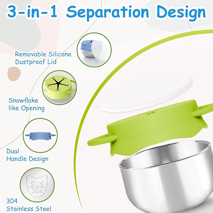 2 Pack 3-in-1 Stainless Steel Snack Containers for Toddlers with Spill-Proof Silicone Lids & Dual Handles - Baby Snack Box, Toddler Snack Cups, Perfect for Healthy Eating (Blue+Green)