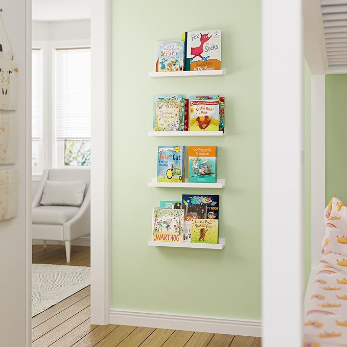 Wallniture Denver Floating Shelves for Kids Room Decor, White Wall Bookshelf for Picture Frames, Kids Room Shelves, Wall Shelf, Set of 4