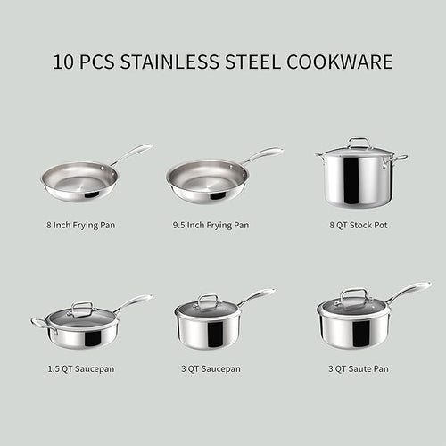 10 Pcs Stainless Steel Cookware Set, 8/9.5 Inch Frying Pan, 1.5/3 QT Saucepan, 3 QT Saute Pan and 8 QT Stock Pot, Suitable for All Cooking Hobs