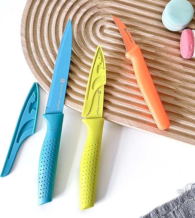ColorSlice 3 PC Color-Coded Paring Knife Set. 5" Fruit Knife, 3.5" Paring, 3" Bird Beak Hook Peeler Curved Non Stick Dishwasher Safe Knives Sharp Stainless Steel Anti Rust