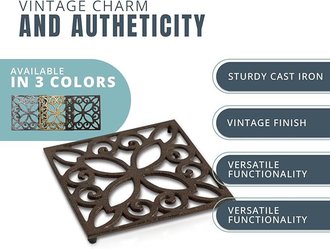 Comfify Decorative Cast Iron Trivet – Square Pattern for Kitchen or Dining Table – 6.5 x 6.5 with Rubber Feet – Recycled Metal – Rustic Design – Rust Brown Color