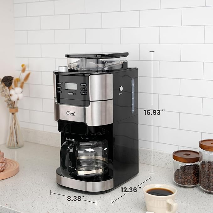 Gevi 10-Cup Coffee Maker with Built-in Burr Grinder, Programmable Timer, 1.5L Water Tank, Reusable Filter & Warming Plate – Drip Coffee Machine for Fresh Ground Coffee