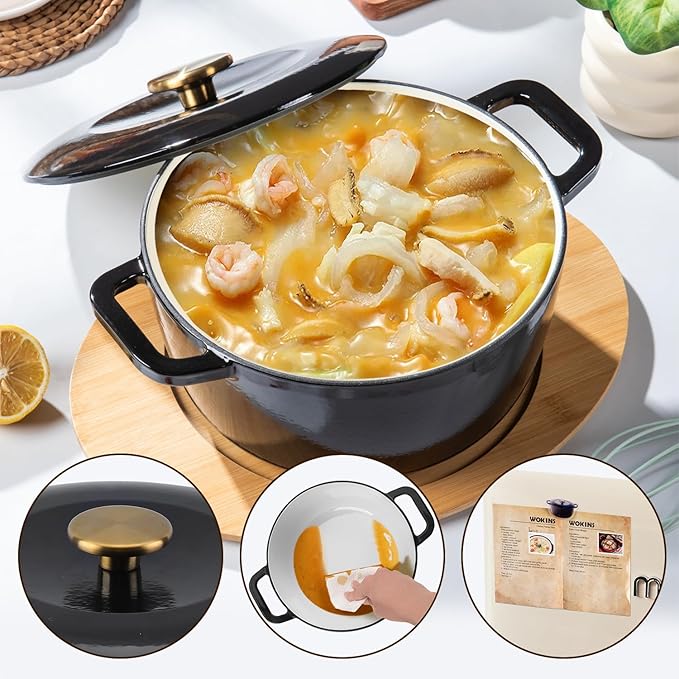 Enamel Cast Iron Dutch Oven with Lid,Dual Handles,Heavy-Duty Cookware for Sourdough Bread Baking,Braising,Stews,Roasting,Oven Safe up to 500° F,5.5QT,black