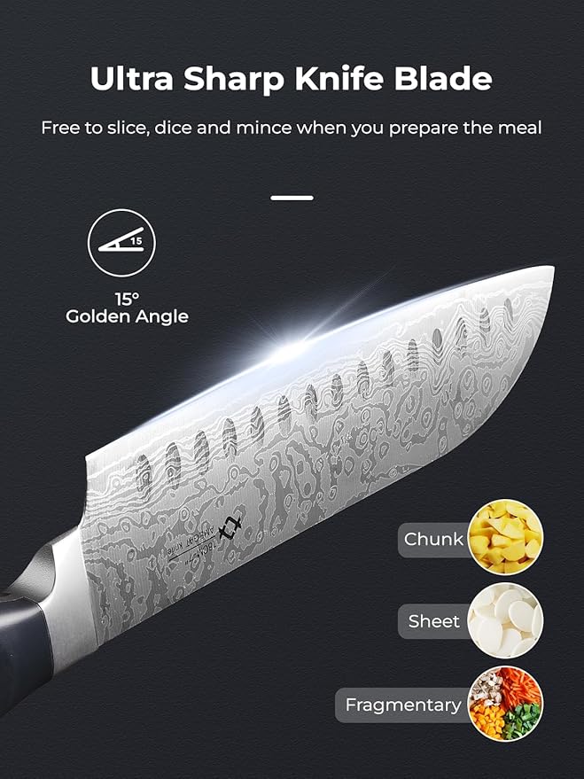 Knife Set, AMEGAT Knife Block Set with Advanced Self-Sharpening Technology, 14-Piece Waved Texture Kitchen Knives, Stainless Steel Knife Set with Block, Razor-Sharp and Full Tang Handle